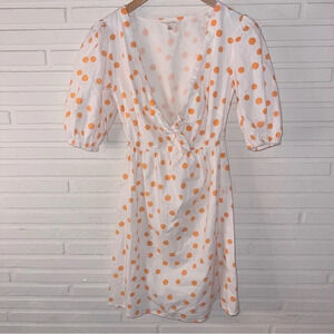 Sim & Sam White and Orange Polka Dot Cotton Puffed Sleeve Mini Dress, Size XS